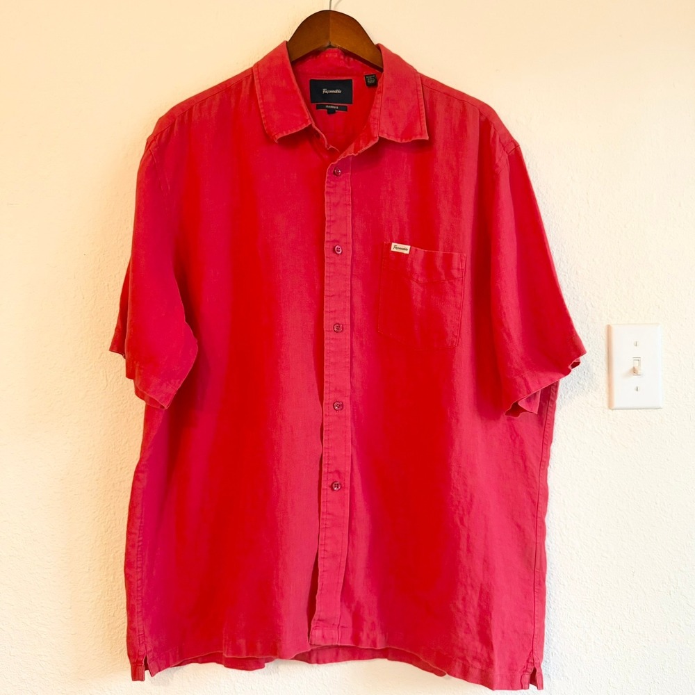 Faconnable Classique 100%‎ Linen Mens XL Red Short Sleeve Button Down Shirt